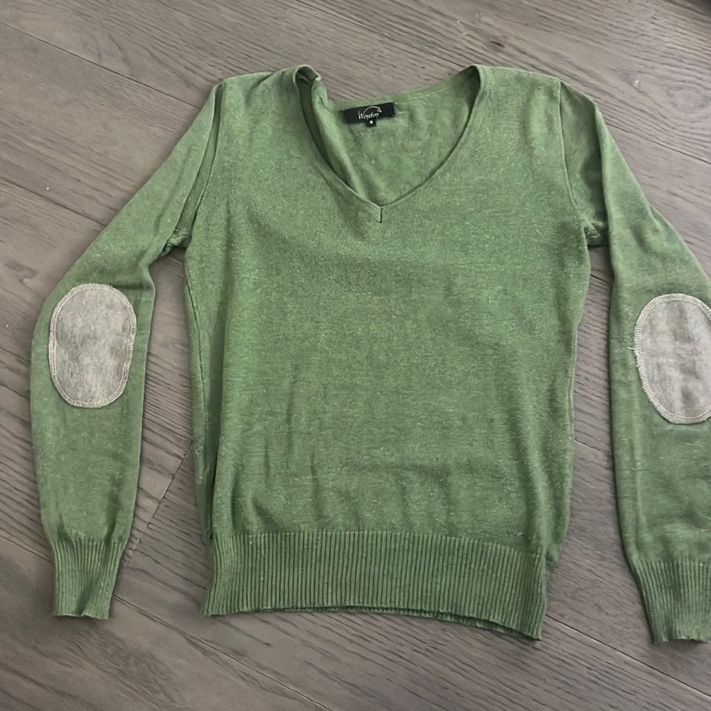 Winston Equestrian Milan V-Neck Sweater Emerald Green w/ Elbow Patch size small